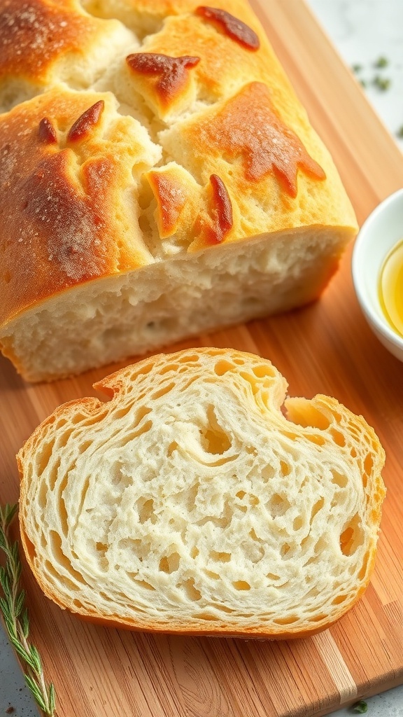 A golden brown loaf of gluten-free bread sliced on a wooden board with herbs and olive oil.